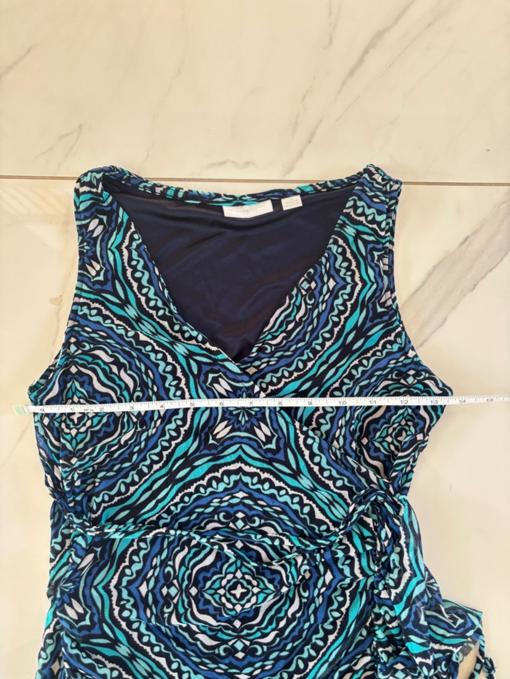 New York & Company Navy Blue and Teal Patterned Wrap Dress like New - Picture 12 of 16